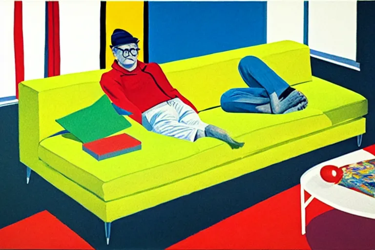 Prompt: Couch Surfing by David Hockney, Andy Shaw, Edward Hopper, 1968, exhibition catalog