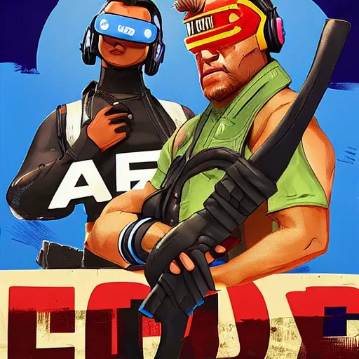 Image similar to cinematic poster art of wrestlers wearing vr headsets, gta cover, apex legends, tap out, halo, fortnite, ufc, digital illustration by basil gogos