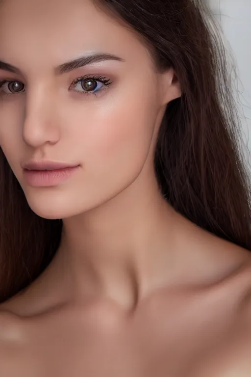 Image similar to 2 4 year old female neck model, wearing white v - neck top, zoomed in, photo realistic, extreme detail skin, no filter, slr, golden hour, 4 k, high definition, ecommerce photograph
