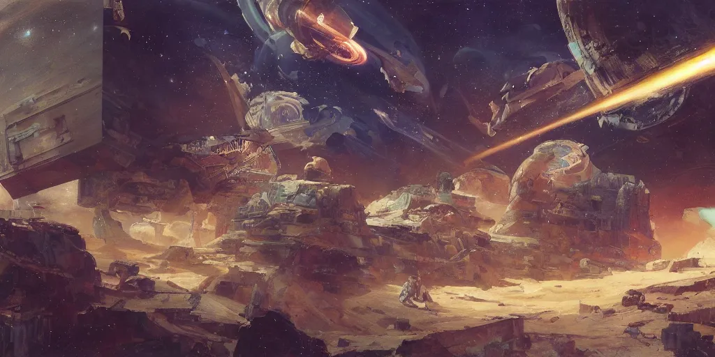 Image similar to supernova, art deco buildings in space in a flying space station, ruins on mars, painted by ruan jia, raymond swanland, lawrence alma tadema, zdzislaw beksinski, norman rockwell, jack kirby, tom lovell, alex malveda, greg staples