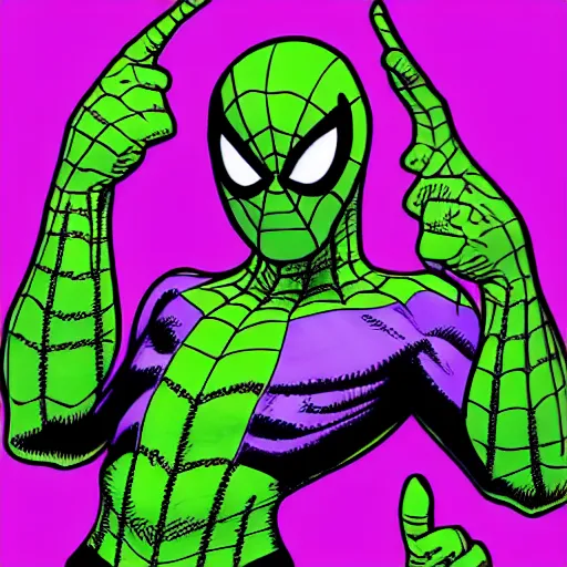 Prompt: purple and green spiderman suit by todd mcfarlane