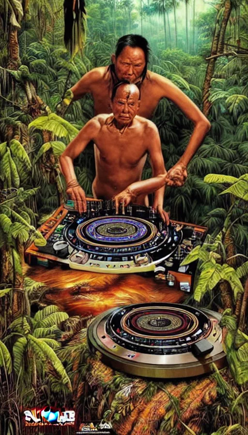 Prompt: an indigenous man deejing with pioneer cdj 3 0 0 0 turntables in the jungle, poster art by daniele caruso, benediktus budi, jason edmiston, vc johnson, powell peralta