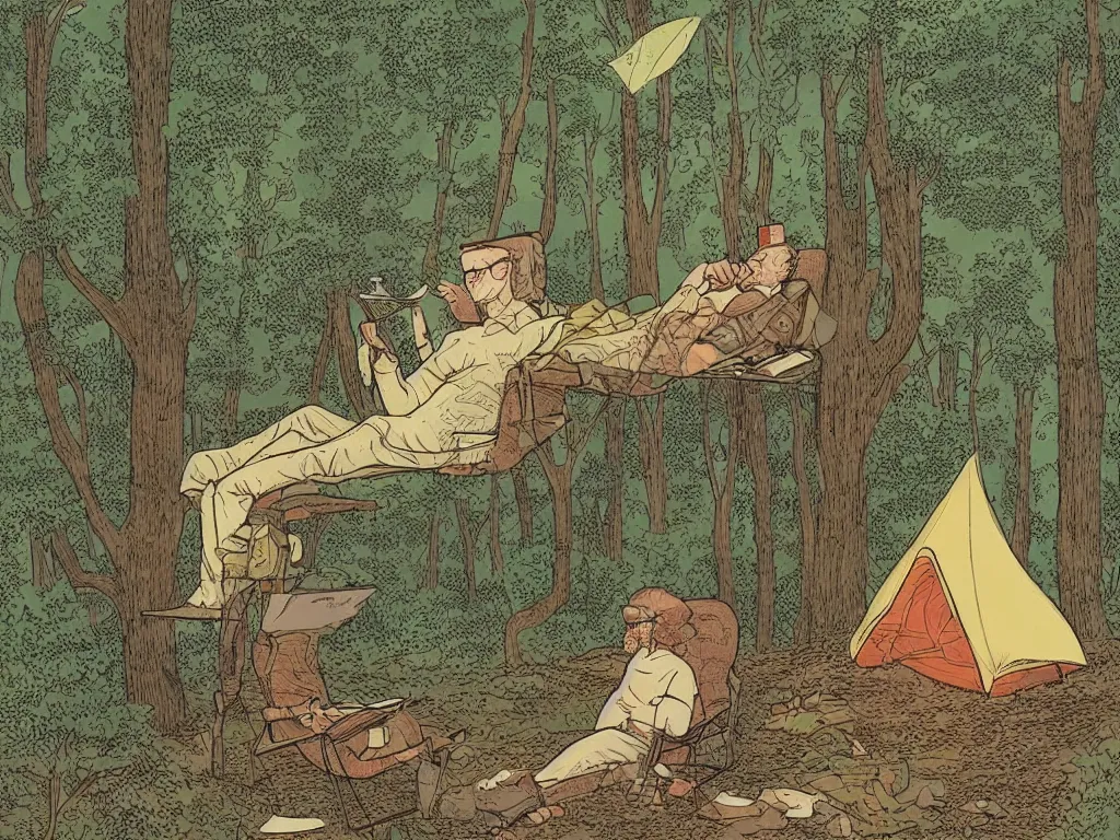 Prompt: man with eye glasses reading in a tent in the forest. plane in the sky far away. artwork by moebius