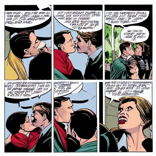 Image similar to amazing comic book panel of Norman Osborn kissing female Peter Parker