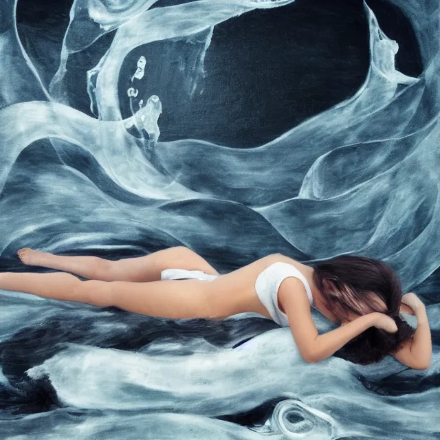 Prompt: a female art student falling asleep, misty, iceberg, black paint, dark, sensual, dreamy, waves, paint swirls, cloudy, squashed berries, octopus, neo - impressionist, surrealism