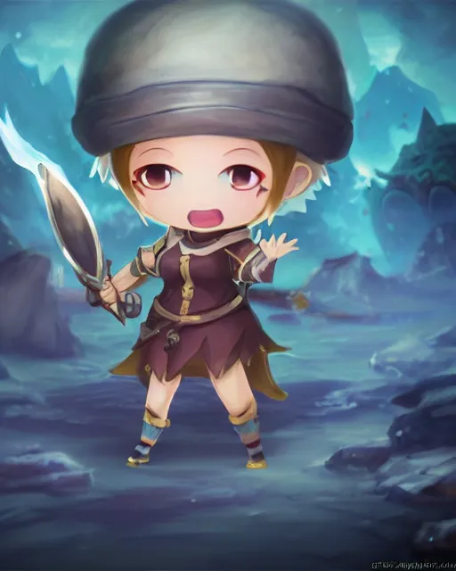 Image similar to oil painting of a cute chibi MapleStory female, casting a spell with a teaspoon, wearing a MapleStory archer outfit, sharp focus, fantasy style, octane render, volumetric lighting, 8k high definition, by greg rutkowski, highly detailed, trending on artstation, magic the gathering artwork, Perion background from MapleStory, centered