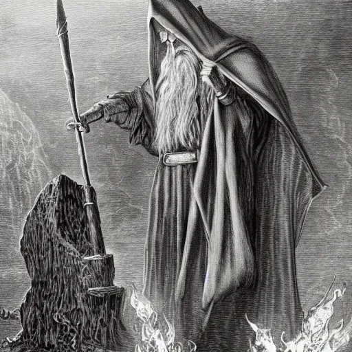 Image similar to the evil ian mckellen smithing on an anvil as gandalf in a dark viking hood playing odin all father crafting a neural network with golden synapses on an anvil with fire, highly detailed, cinematic shot, cinematic lighting, 8 k, exquisit facial detail, colored painting by gustave dore.