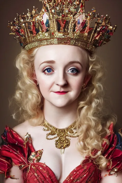 Prompt: head shot portrait of beautiful evanna lynch as a queen in a vivienne westwood dress with shiny ornaments, glitter make up, painted by uang guangjian and gil elvgren and sachin ten, highly detailed artwork