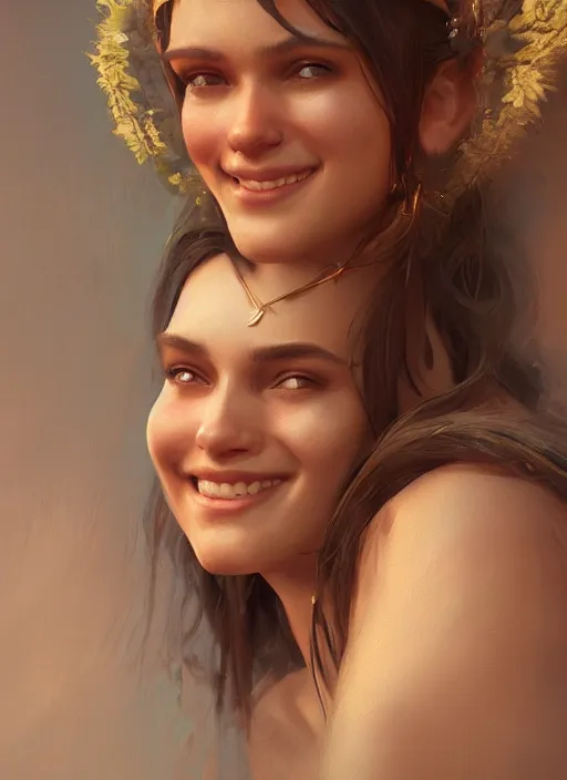 Prompt: hyper realistic photography portrait of beautiful smiling goddess girl cinematic, vallejo, full shot, craig mullins greg rutkowski, artstation, cgsociety