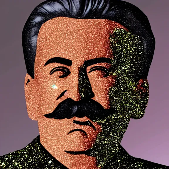 Image similar to stalin glitter plastic figurine commerical, white background, close angle, 3d render
