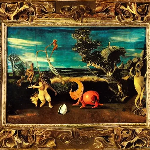 Prompt: the landscape of an alien planet with strange plants and impossible animals. Painting in the style of Caravaggio. Beautiful and colorful.