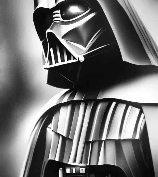 Prompt: a closeup black-and-white portrait of Darth Vader by Craig Mullins; extraordinary-masterpiece; realistic-lighting; 90mm; f/1.4