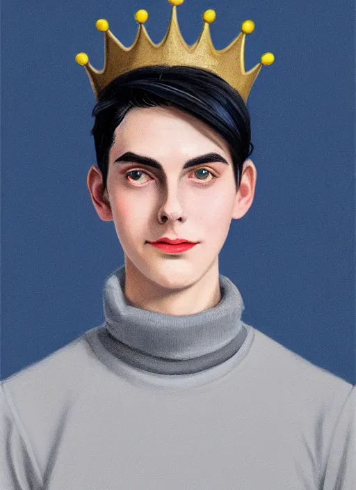 Image similar to portrait of teenage jughead jones wearing a light grey crown, crown, blue turtleneck, 1 9 5 0 s, closed eyes, photorealistic, black hair, glowing lighting, intricate, elegant, glowing lights, highly detailed, digital painting, artstation, concept art, smooth, sharp focus, illustration, art by wlop, mars ravelo and greg rutkowski