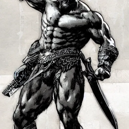 Prompt: “ kratos with leviathan axe, by yoji shinkawa. metal gear solid official concept art. yoji shinkawa. ”