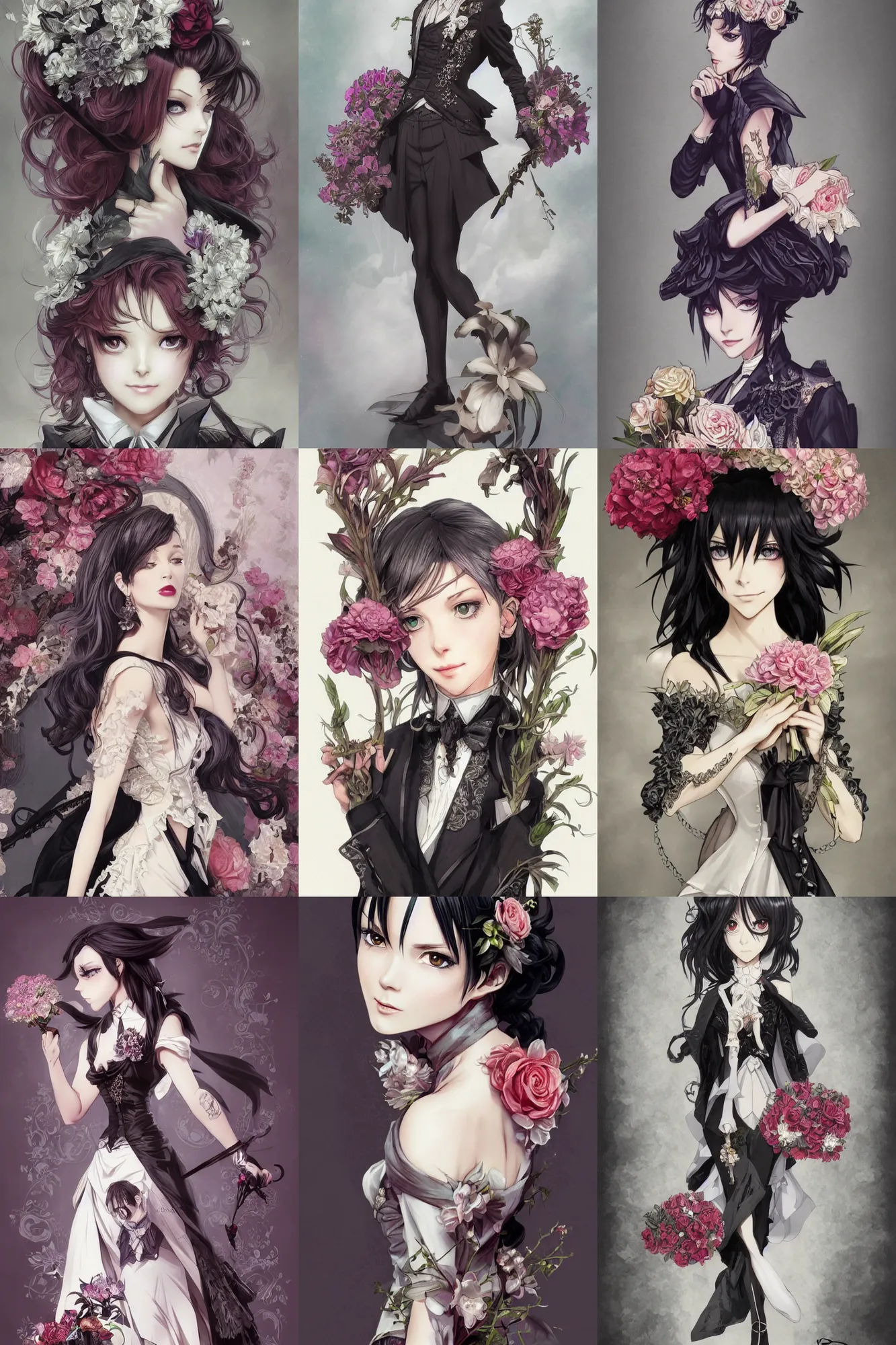 Prompt: fashion and character design spot illustrations from black butler, holding a bouquet, d & d, fantasy, intricate, elegant, highly detailed, digital painting, artstation, concept art, matte, sharp focus, 4 k, bottom viewa, illustration, hearthstone, art by artgerm and greg rutkowski and alphonse mucha