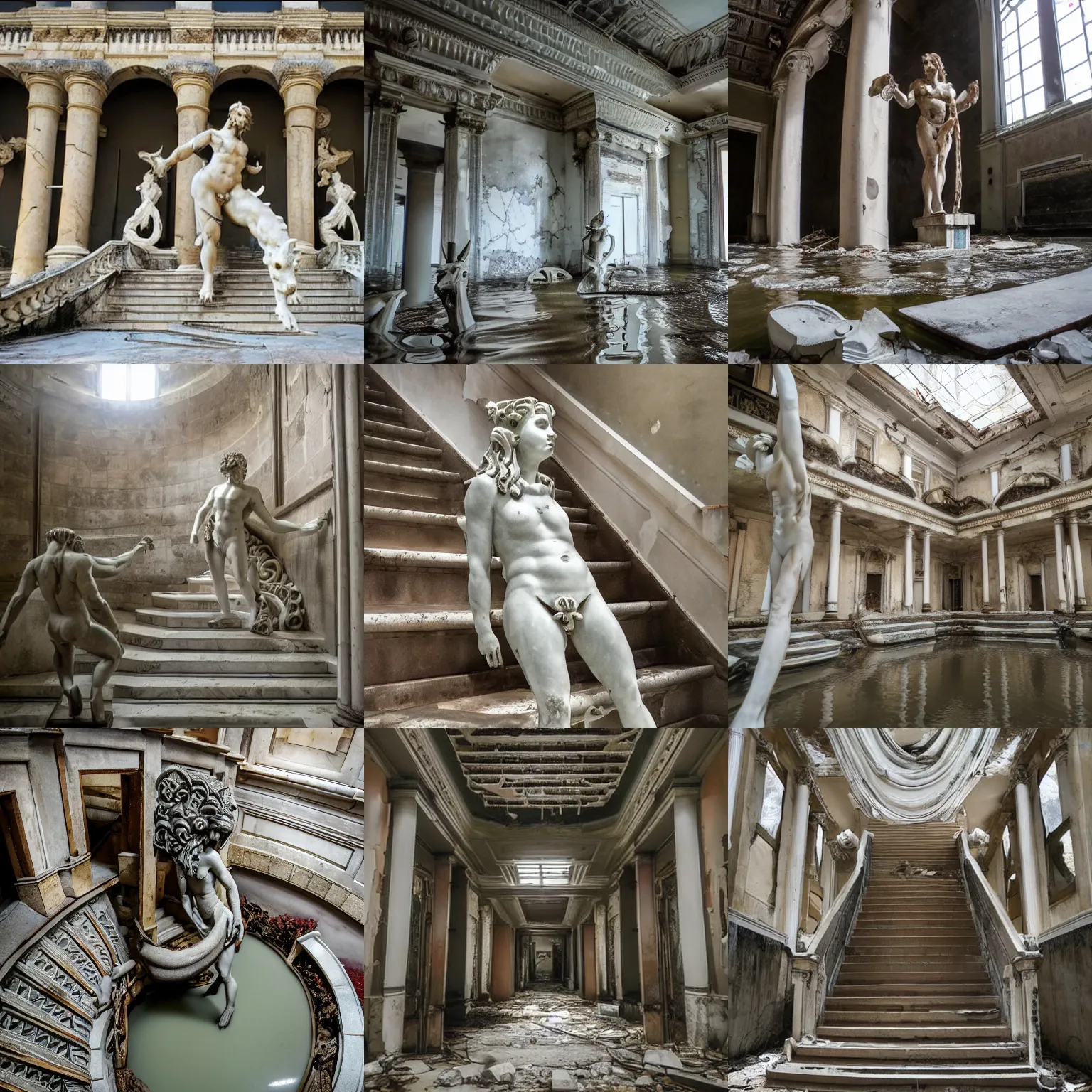 Prompt: photo of flooded infinite classic halls and beautiful human statues with many huge marble staircases minotaur gods helenistic classic statues sculptures decrepit derelict abandoned piranessi