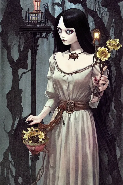 Image similar to beautiful cottagecore Wednesday Addams holding a Coraline doll, Black Hair, Goth, gothic, castlevania, intricate, elegant, highly detailed, digital painting, artstation, concept art, smooth, sharp, focus, illustration, art by artgerm and greg rutkowski and alphonse mucha