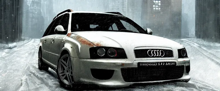 Image similar to Audi A4 B6 Avant (2002), a post apocalyptic, dramatic lighting, cinematic, establishing shot, extremly high detail, photorealistic, cinematic lighting, artstation, style by greg rutkowsky, Max Payne (2003) winter New York landscape