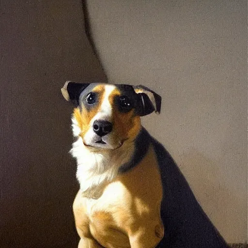 Prompt: oil in canvas of a yorkshire dog by johannes vermeer, masterpiece