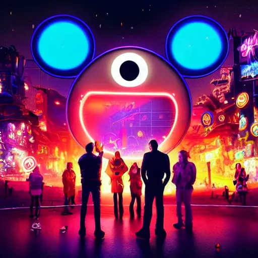 Image similar to a group of people standing around a giant one - eyed mickey mouse, cyberpunk art by david lachapelle, cgsociety, dystopian art by industrial light and magic, netflix neon logo concept art, neons, interior