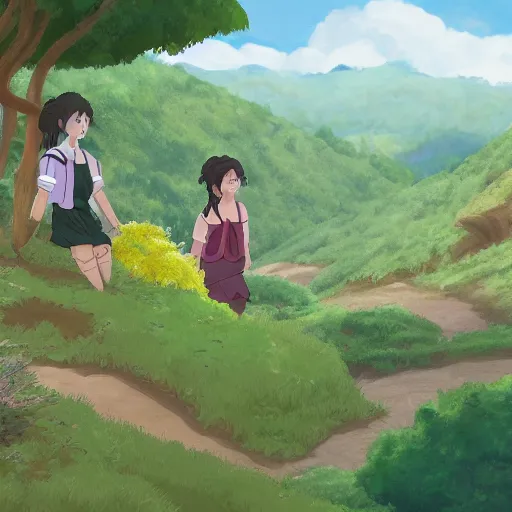 Prompt: Group of girls exploring a valley in Ghibli Studio style