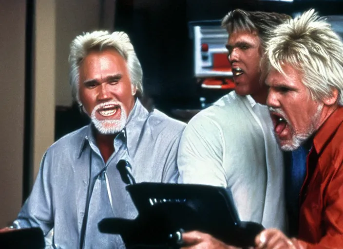 Image similar to film still of Kenny Rogers and Gary Busey yelling at a computer in the new You've Got Mail movie, 4k