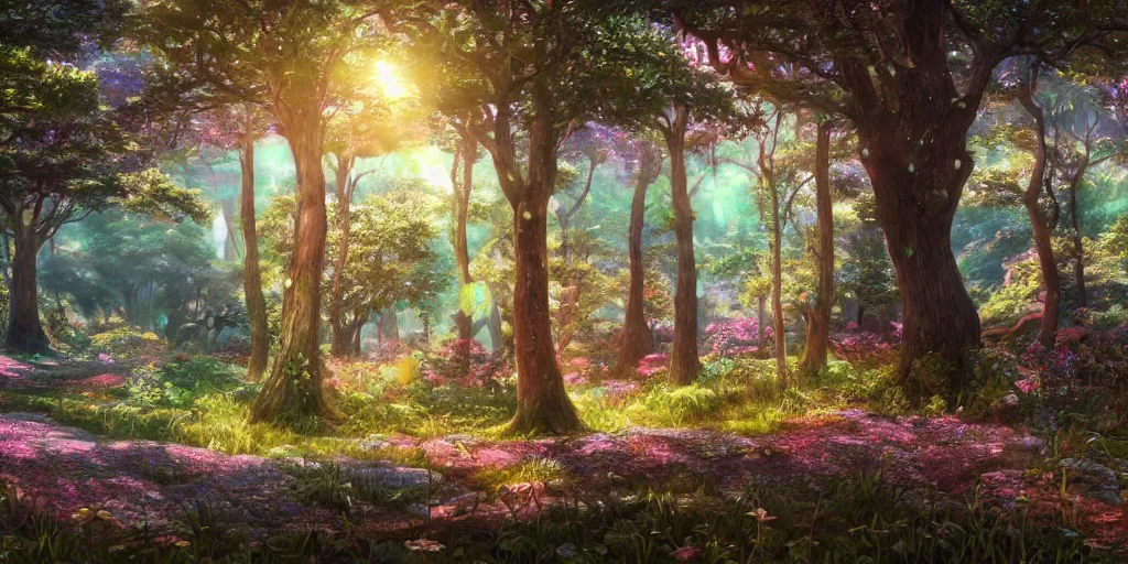 Prompt: the aesthetic view of the beautiful, grand, wistful, dreamy landscape of an open forest at dusk, hyperrealistic anime photograph, rainbow colorful, extremely detailed, insanely intricate linework, super sharp focus, extremely bright colors, octopath traveler, studio ghibli, unreal engine 5 highly rendered, global illumination, radiant light, detailed and intricate environment