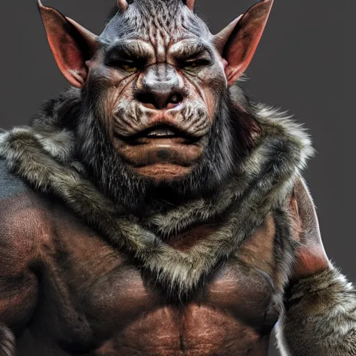 Prompt: A full body shot of a handsome orc looking into the camera wearing a fur jacket, full body shot, artstation, realistic, highly detailed, symmetrical, hyper realism, high detail, octane render, unreal engine, 8k, Vibrant colors