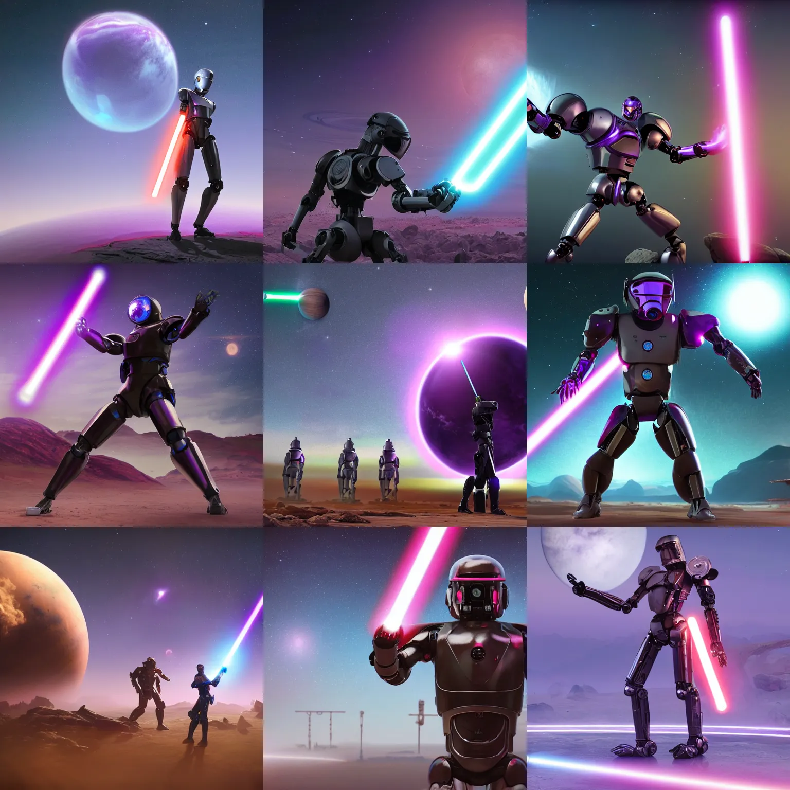 Image similar to humanoid robot in fighting stance wielding lightsaber in front of a violet planet in the sky, unreal engine, featured on cgsociety, trending on artstation, detailed, scifi futuristic character concept, simon stalenhag, movie still, octane render, hubble telescope, violet planet, stars, hyperrealistic, cinematic, by weta digital, epic action pose