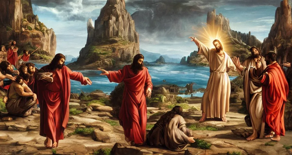 Image similar to jesus dabs in front of the apostles, matte painting, concept art, michaelangelo