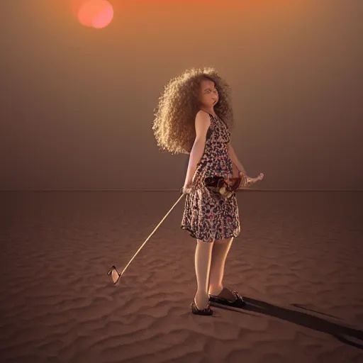 Image similar to curly haired girl wearing dress playing the violin in desert, digital art, ultra realistic, illustration