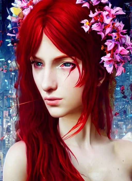 Image similar to Robot girl with red hair game style CYBERPUNK 2077 , a very beautiful portrait, Pre-Raphaelite style , girl enveloped in lily flowers, photorealism