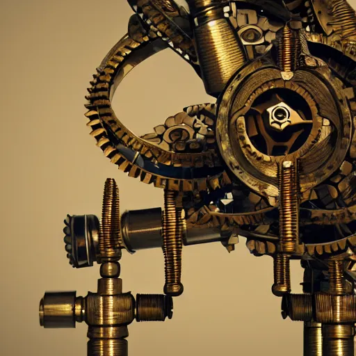 prompthunt: a camera lens made of cogs, gears, pistons, and steam. golden  and brown hues. 8 k. detailed. 3 d render