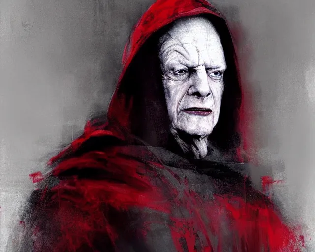 Image similar to portrait of emperor palpatine sidious played by ian mcdiarmid with a big hood, in shades of grey, but with red, by jeremy mann