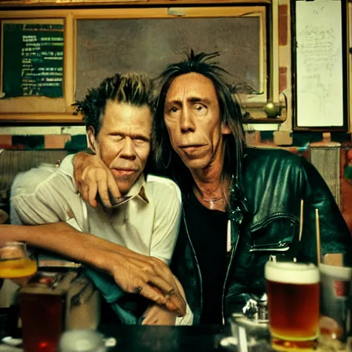 Image similar to Tom Waits and Iggy Pop in a pub by Jim Jarmush, Agfa Vista 800 film, Leica M9