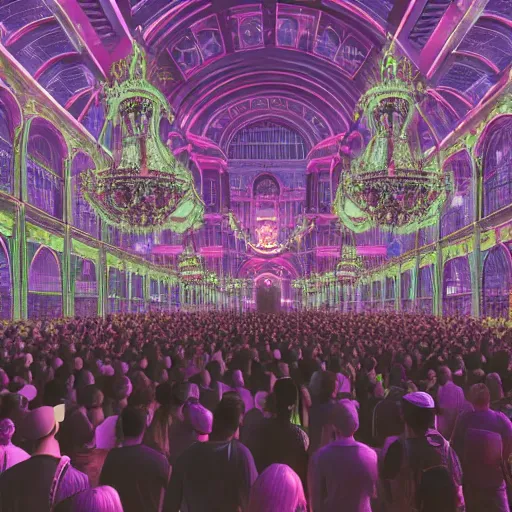 Image similar to a large crowd of people at a concert, a screenshot by alesso baldovinetti, cg society, maximalism, sanctuary, hall of mirrors, glowing neon