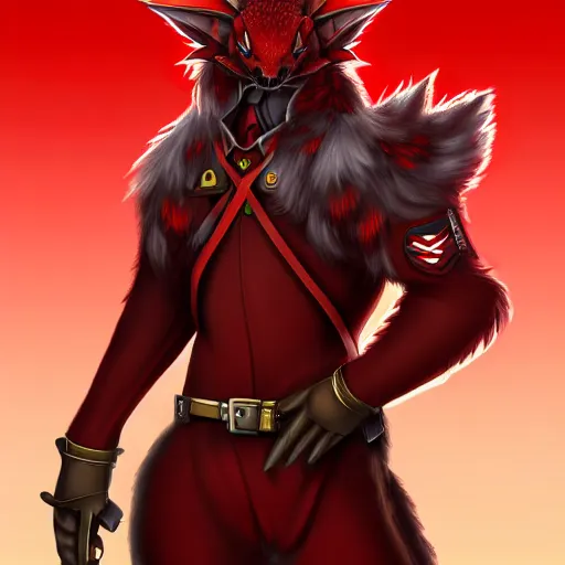 Prompt: An anthropomorphic male red dragon in military outfit, artstation, deviantart, highly detailed, furry art, 8k