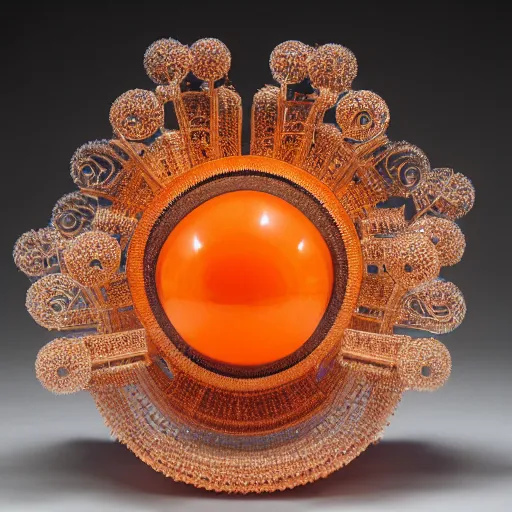 Prompt: symmetrical detailed sculpture of an orange, made of Opalescent Crystal