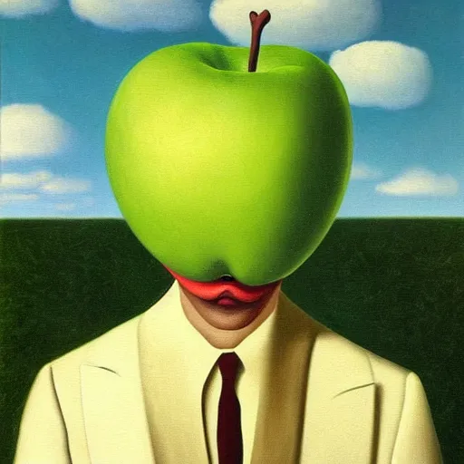 Image similar to a painting of a man with a green apple on his face, a surrealist painting by rene magritte, cg society, pop surrealism, surrealist, oil on canvas, academic art