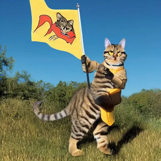 Prompt: photo of a small warrior cat carrying his battle flag while riding a large cat steed that is galloping into battle