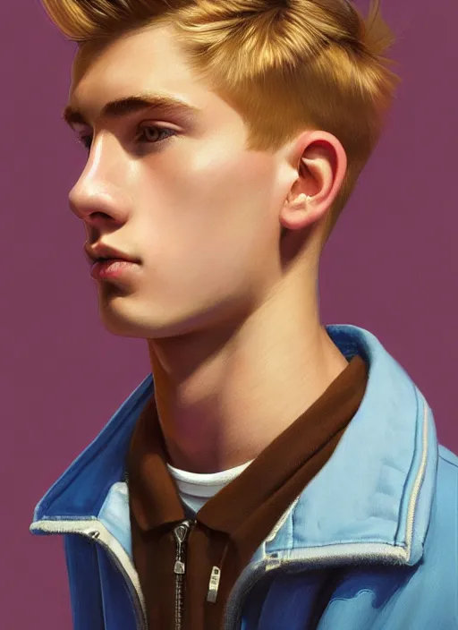 Image similar to portrait of a teenage boy named moose mason, blonde short hair, jock, beefy, square jaw, square facial structure, 1 9 5 0 s, blue varsity jacket, intricate, elegant, glowing lights, highly detailed, digital painting, artstation, concept art, smooth, sharp focus, illustration, art by wlop, mars ravelo and greg rutkowski