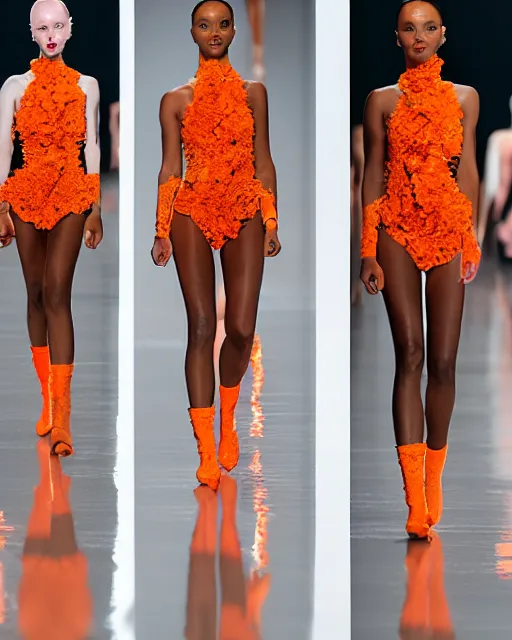 Prompt: multi panel storyboard of olivia wearing an outfit made of orange peels, runway model at new york fashion week, sporty physique, black hair, freckles, pale skin, half body shot, photo by greg rutkowski, stage lighting, soft colors, female beauty, intricate detail, elegance, 3 5 mm, depth of field, masterpiece