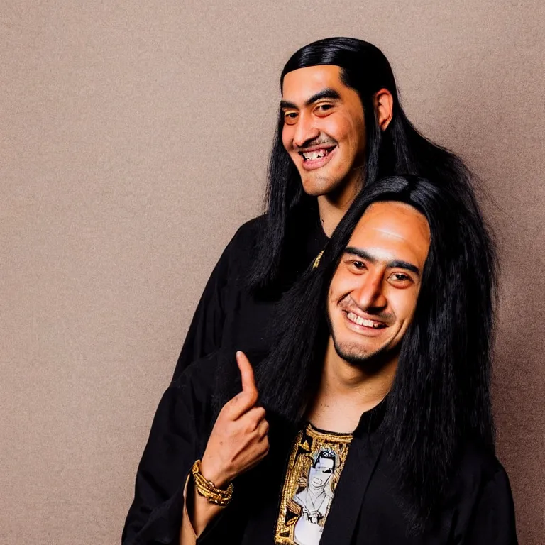 Prompt: A photo of Emperor Kuzco!!!!!!!!!!!!!!!! with his black long hair, face shaved and smiling with confidence, and wearing!!! his emperor clothes, in his early 20s. Portrait by Terry Richardson. Golden hour. 8K. UHD. Bokeh.