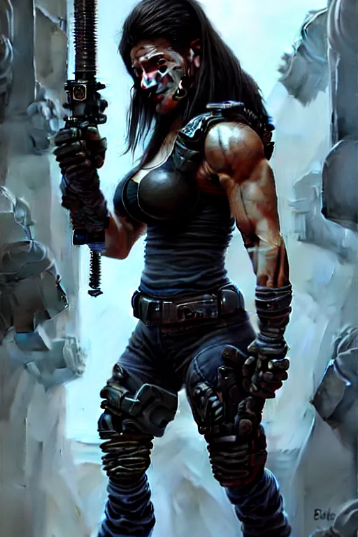 Image similar to gina carano as an ork with prothesis metallic left arm, casual black clothing, muscular, realistic proportions, casual pose, large portrait, sci - fi, shadowrun, rpg character, gun, digital painting, artstation, concept art, smooth, 8 k frostbite 3 engine, ultra detailed, art by artgerm and greg rutkowski and magali villeneuve