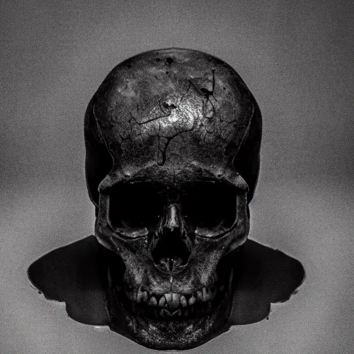 Image similar to professional photograph of a broken human skull, black fluid coming out, black and white, white background, 50mm, black and white