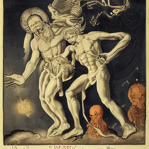 Image similar to a horror vacui depicting birth death God and the devil,