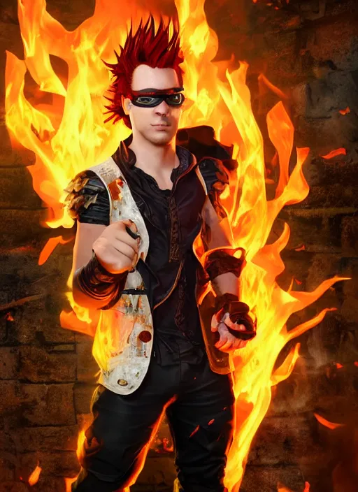 Prompt: An epic fantasy comic book style portrait painting of young man with red spiked long hair, using googles. Wearing a black waistcoat, white shirt. Fire on his hands. Unreal 5, DAZ, hyperrealistic, octane render, cosplay, RPG portrait, dynamic lighting