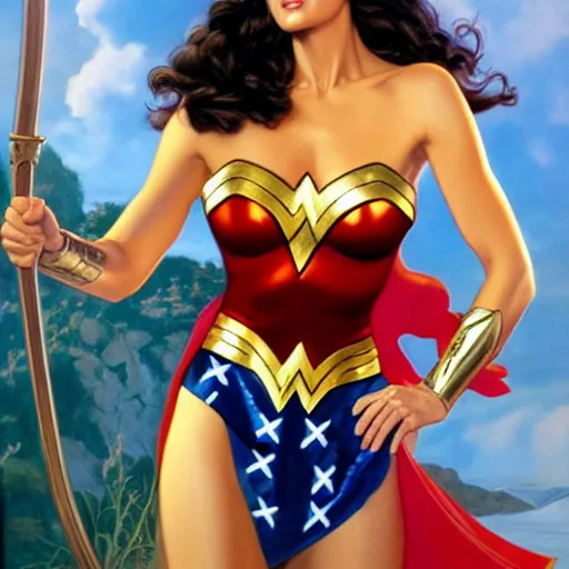 Image similar to a portrait of young Lynda Carter as Wonder woman , detailed, centered, digital painting, artstation, concept art, donato giancola, Joseph Christian Leyendecker, WLOP, Boris Vallejo, Breathtaking, 8k resolution, extremely detailed, beautiful, establishing shot, artistic, hyperrealistic, beautiful face, octane render