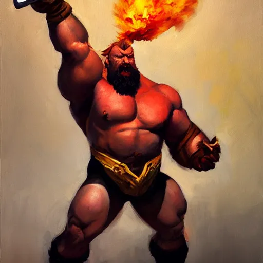 Image similar to greg manchess portrait painting of partially armored zangief from street fighter spitting fire as overwatch character, medium shot, asymmetrical, profile picture, organic painting, sunny day, matte painting, bold shapes, hard edges, street art, trending on artstation, by huang guangjian and gil elvgren and gerald brom