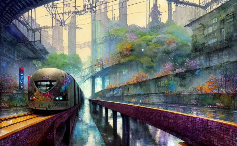 Image similar to an urban train rides inside of a waterway on a fantasy city. intricate, amazing composition, colorful watercolor, by ruan jia, by maxfield parrish, by marc simonetti, by hikari shimoda, by robert hubert, by zhang kechun, illustration, gloomy